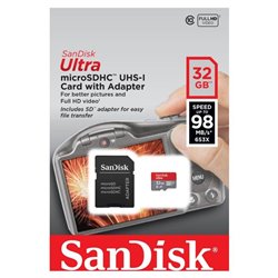 Tarjeta de Memoria SanDisk Ultra 32GB microSD HC UHS-I con Adaptador/ Clase 10/ 98MBs
