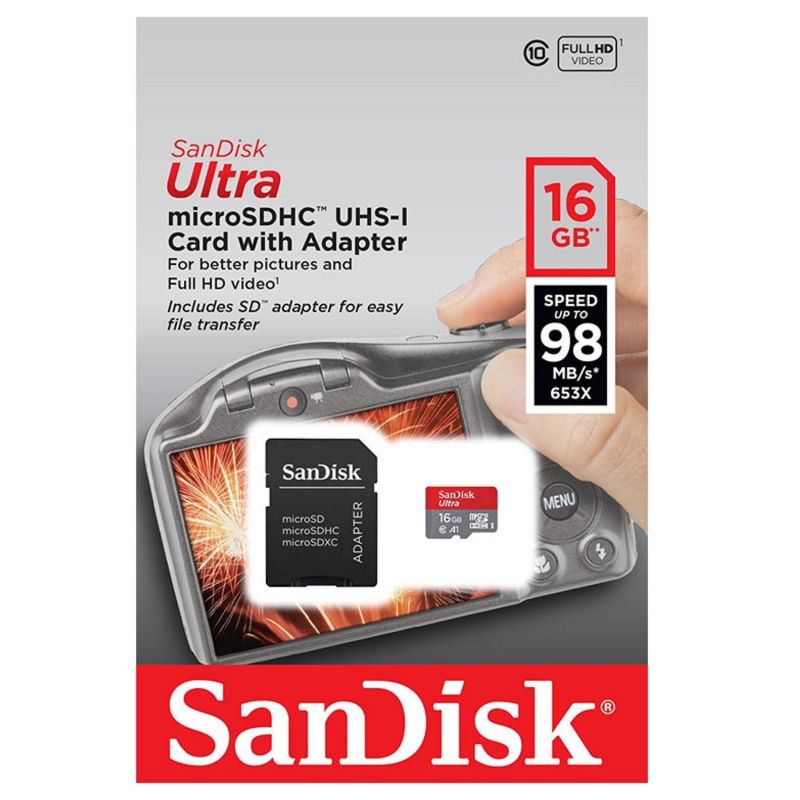Tarjeta de Memoria SanDisk Ultra Android 16GB microSD HC UHS-I con Adaptador/ Clase 10/ 98MBs