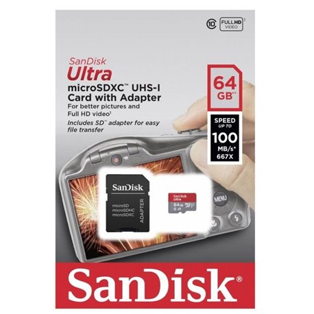 Tarjeta de Memoria SanDisk Ultra Android 64GB microSD XC UHS-I con Adaptador/ Clase 10/ 100MBs