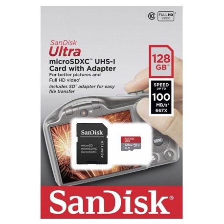 Tarjeta de Memoria SanDisk Ultra Android 128GB microSD XC UHS-I con Adaptador/ Clase 10/ 100MBs