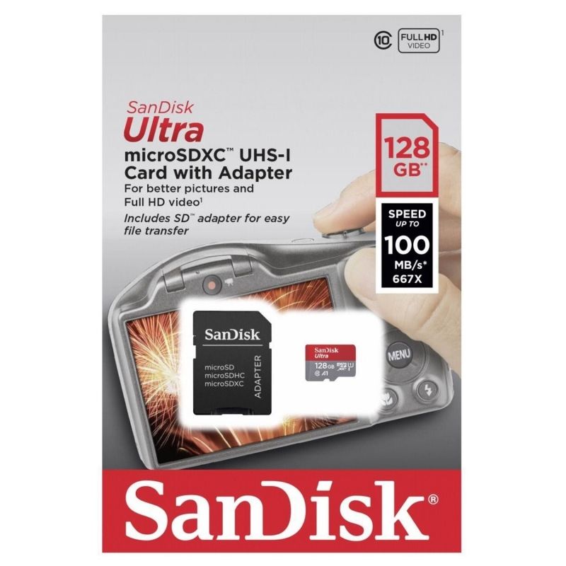 Tarjeta de Memoria SanDisk Ultra Android 128GB microSD XC UHS-I con Adaptador/ Clase 10/ 100MBs